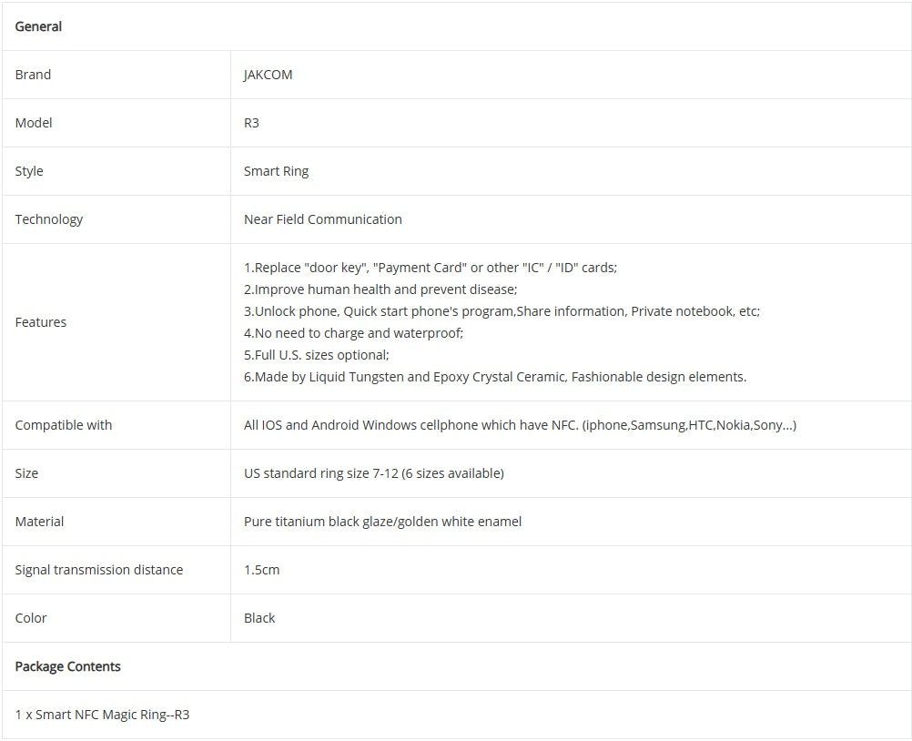 Jakcom R3 Smart Ring, Svart